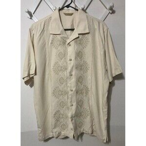 Tommy Bahama Mens Large 100% Silk Hawaiian Shirt Beige Floral Embroidered Design